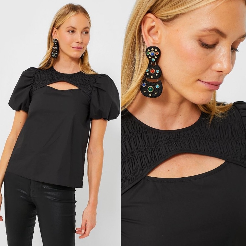 Hyacinth House Black Keyhole Birdie Short Puff Sleeve Blouse XS